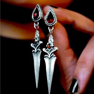 Dagger and blood red gem drop earrings goth gift silver tone sword new